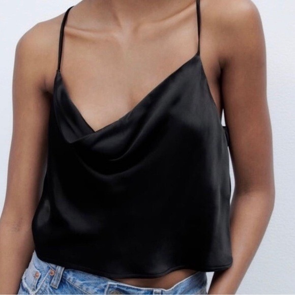 Zara Tops - Zara Cowl Neck Black Satin Cami Top Small